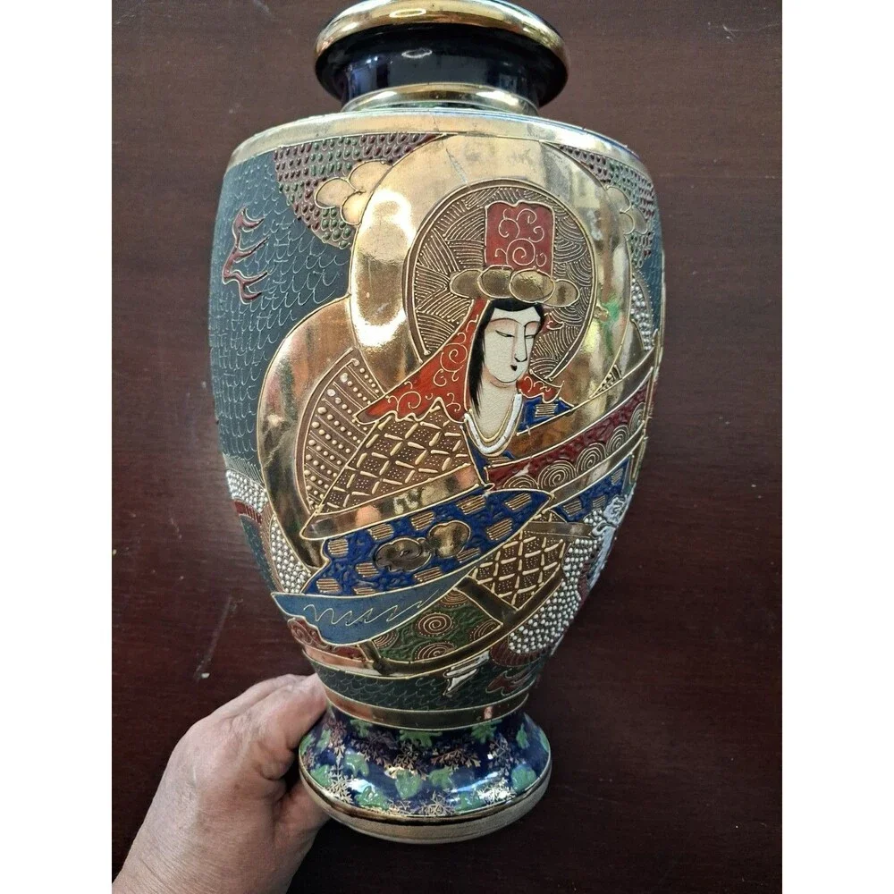 Japanese Satsuma Style Hand-Painted Vase with Figures and Gold Accents